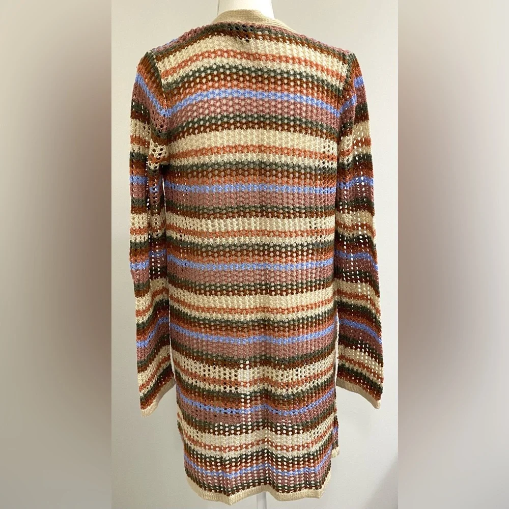 Rue 21 Womens L Brown Tan Stripe Crochet Long Cardigan Sweater Boho Eclectic Y2K - Picture 5 of 10